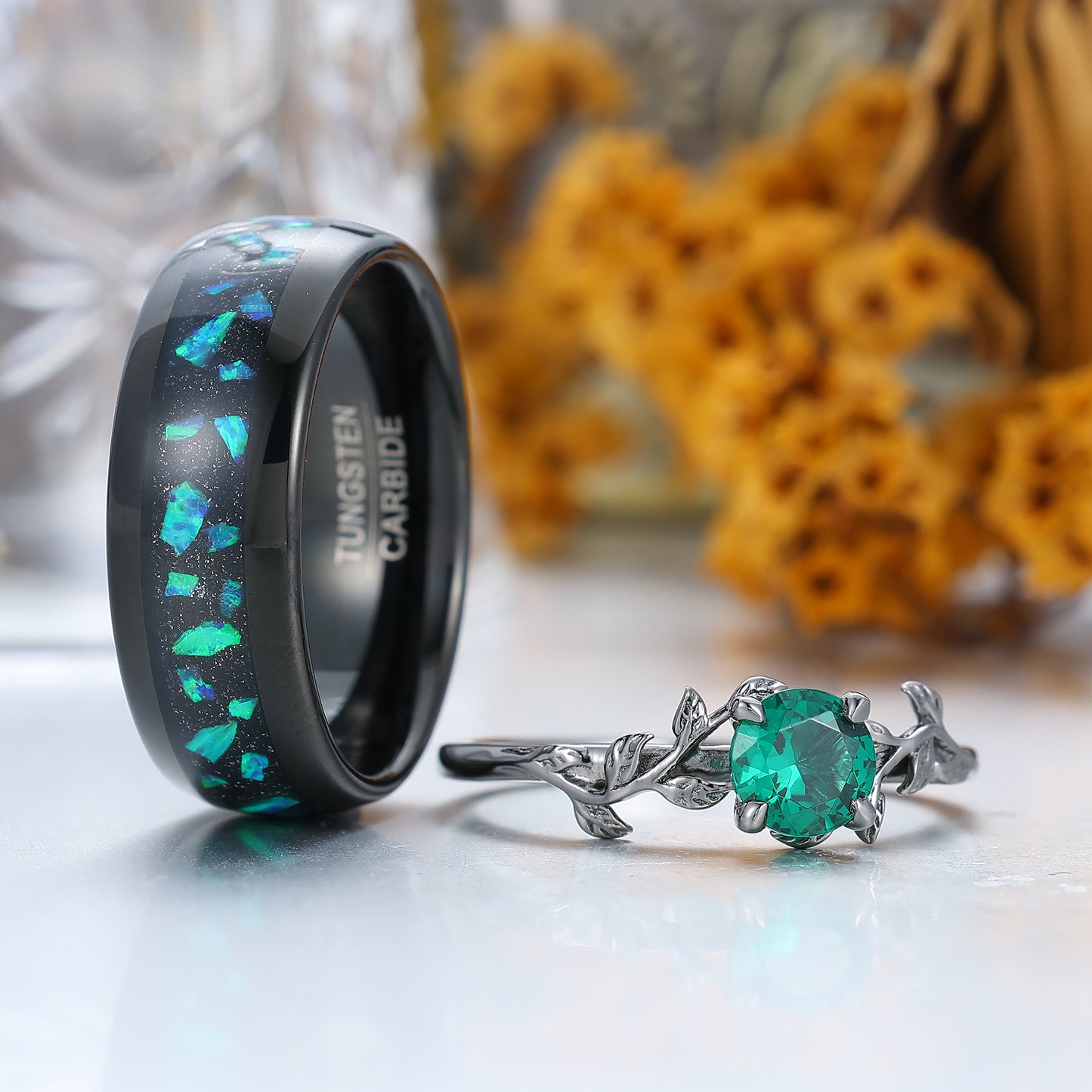 Gorgeous Emerald Leaf Design His And Hers Wedding Bands Personalized Black Plated Couples' Set