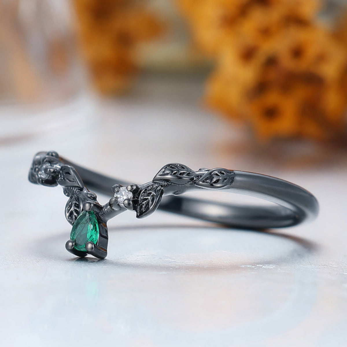 Delicate Leaf Vine Design Ring Curved Green Emerald Leaf Ring in Black Gold