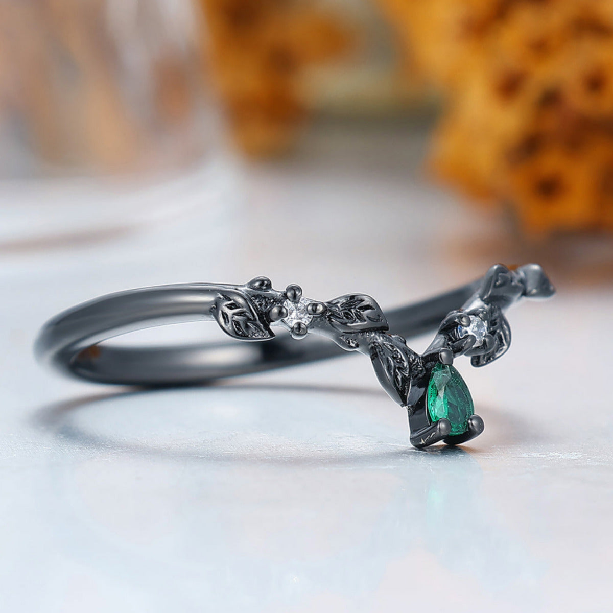 Delicate Leaf Vine Design Ring Curved Green Emerald Leaf Ring in Black Gold