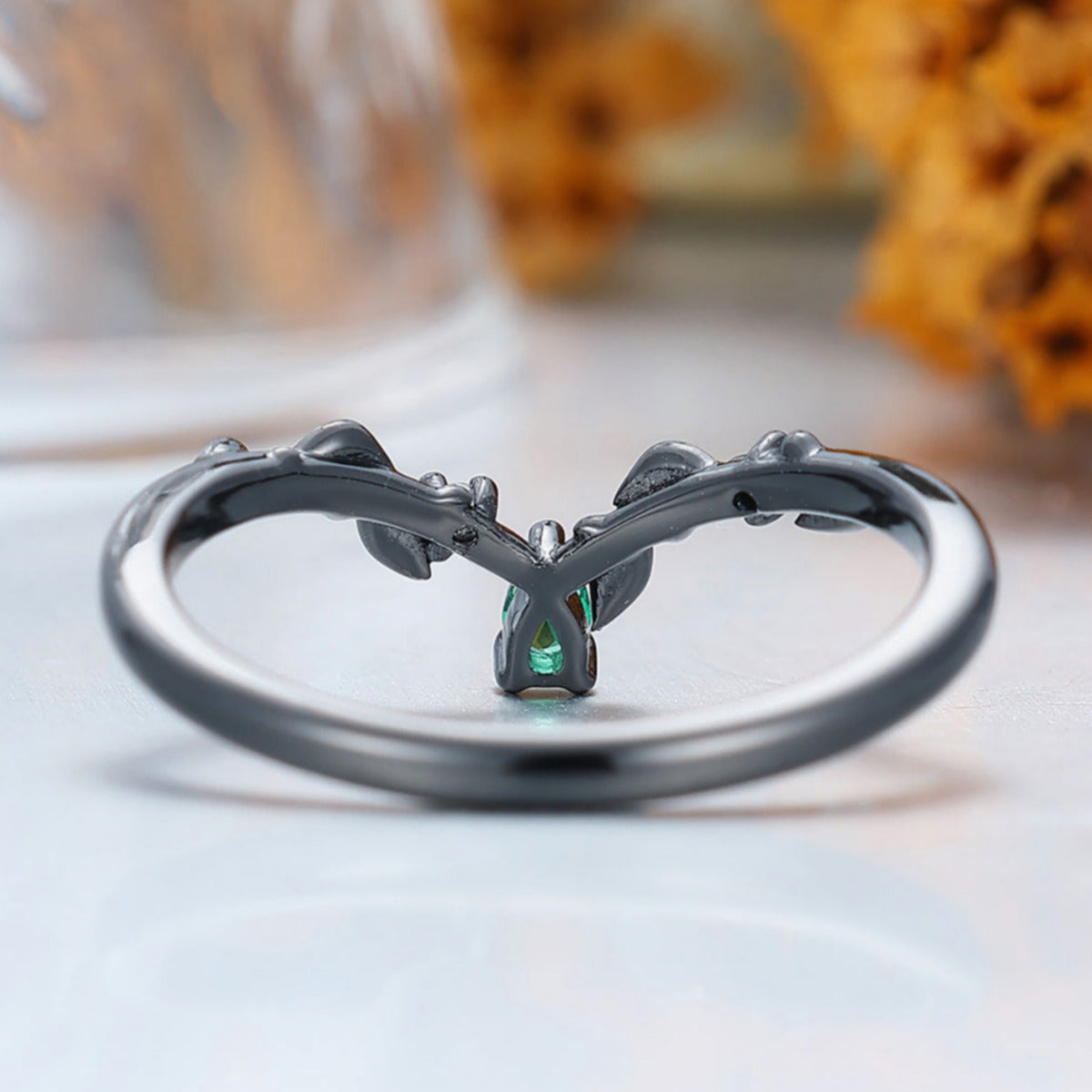 Delicate Leaf Vine Design Ring Curved Green Emerald Leaf Ring in Black Gold