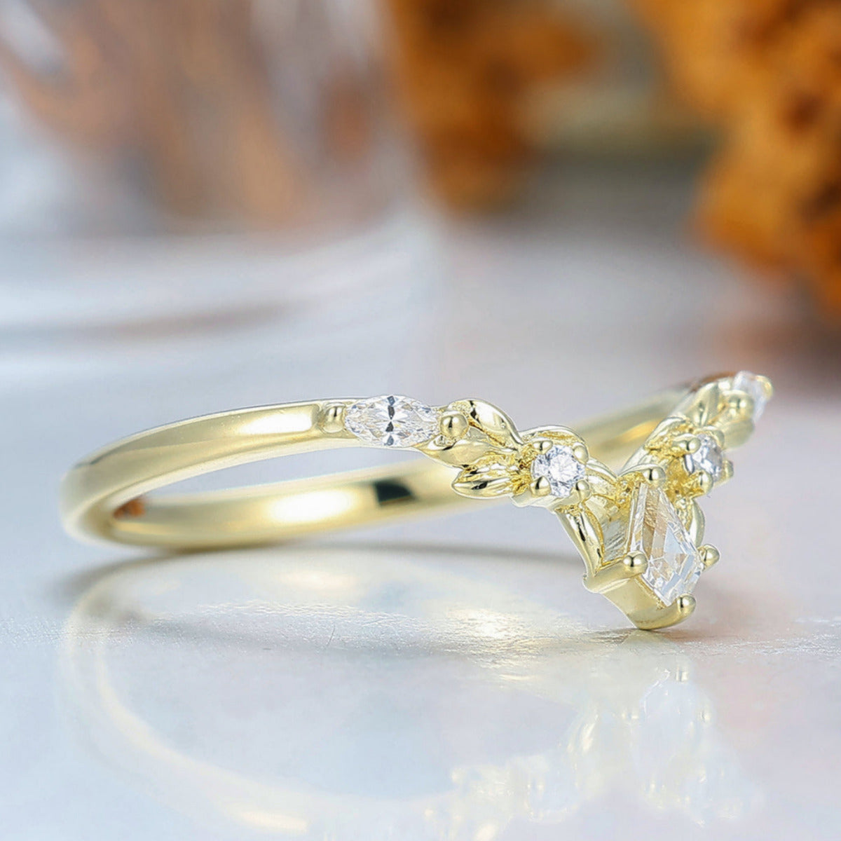 Twig Floral Shape Moissanite Curved Band Solid Gold Bridal Anniversary Ring Leaf Inspired Wedding Band