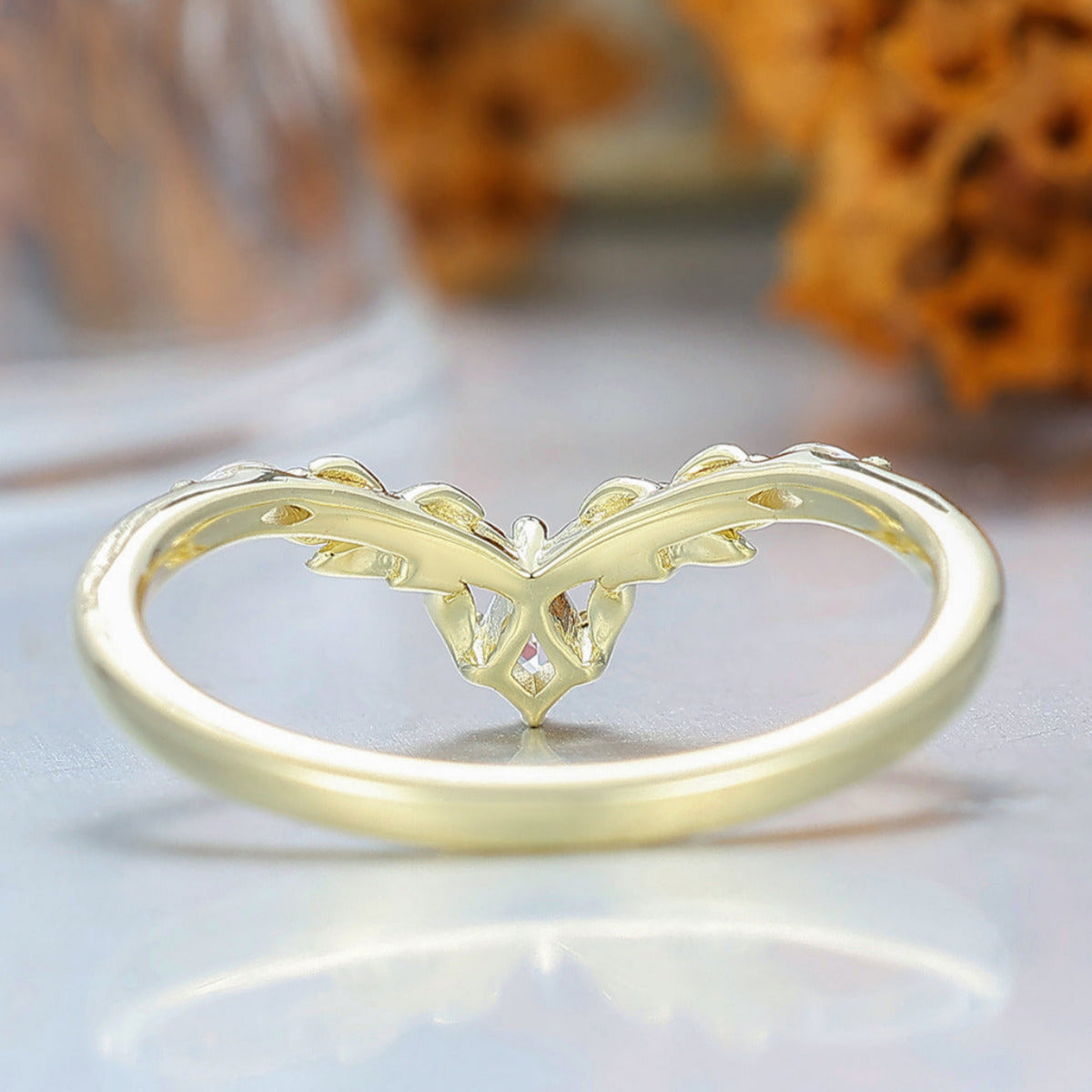 Twig Floral Shape Moissanite Curved Band Solid Gold Bridal Anniversary Ring Leaf Inspired Wedding Band