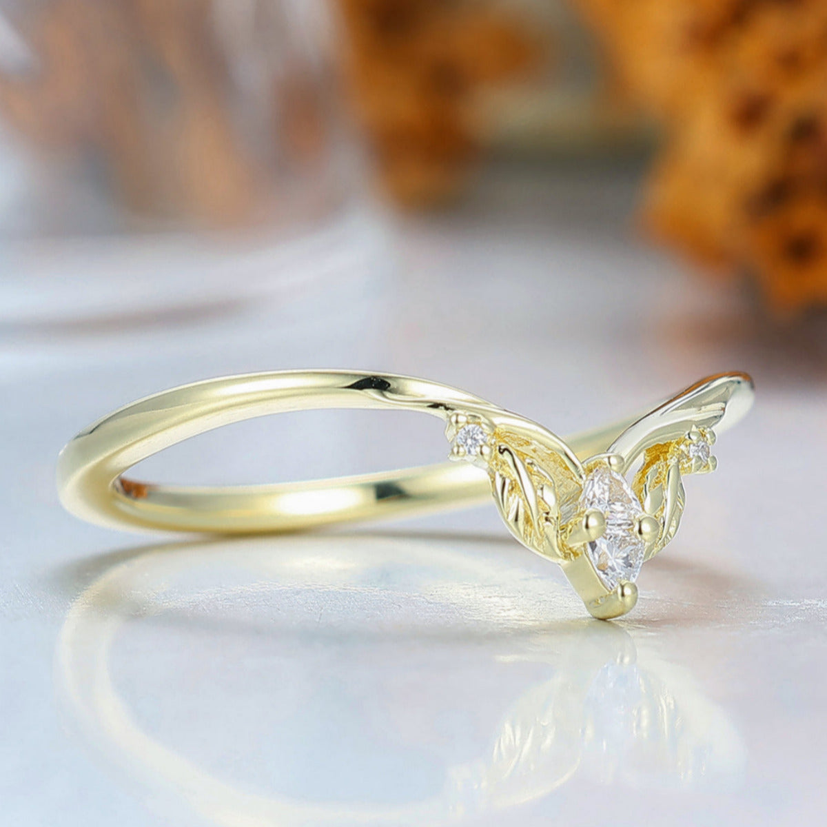 Artsy V Shape Moissanite Women Band Leaf Design Moissanite Inlay 14k Solid Gold Wedding Band