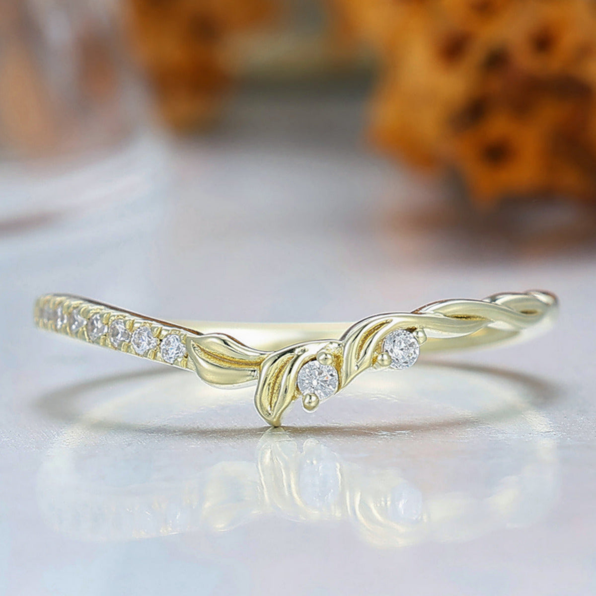 Nature Inspired Moissanite Wedding Band Leaf Design Bridal Anniversary Band Yellow Gold Handmade Curved Band