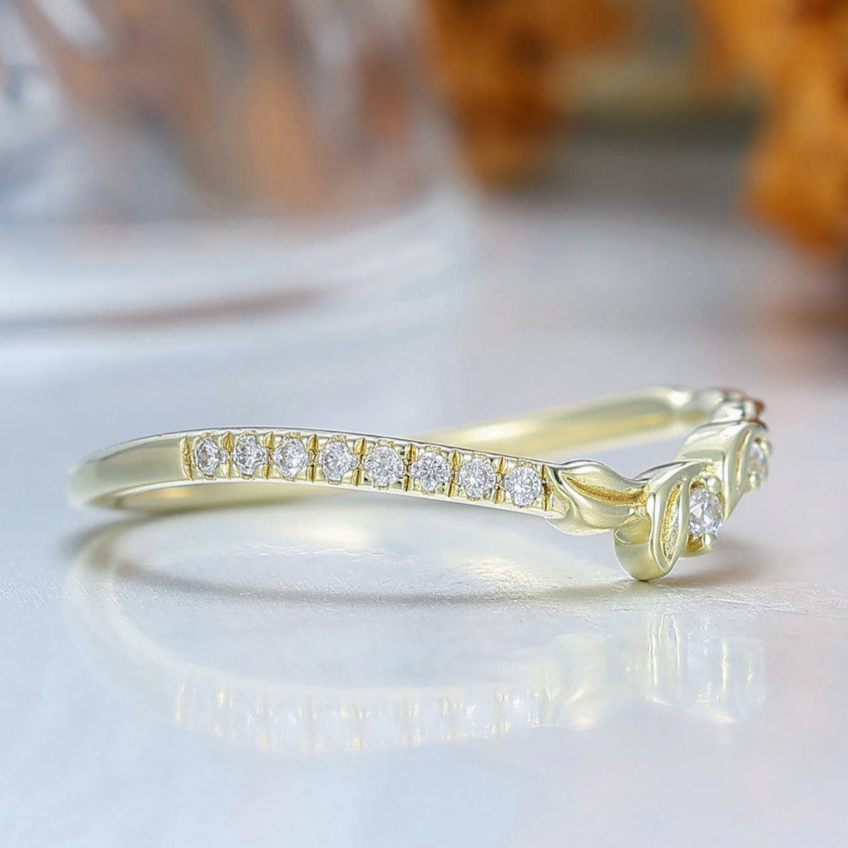 Nature Inspired Moissanite Wedding Band Leaf Design Bridal Anniversary Band Yellow Gold Handmade Curved Band