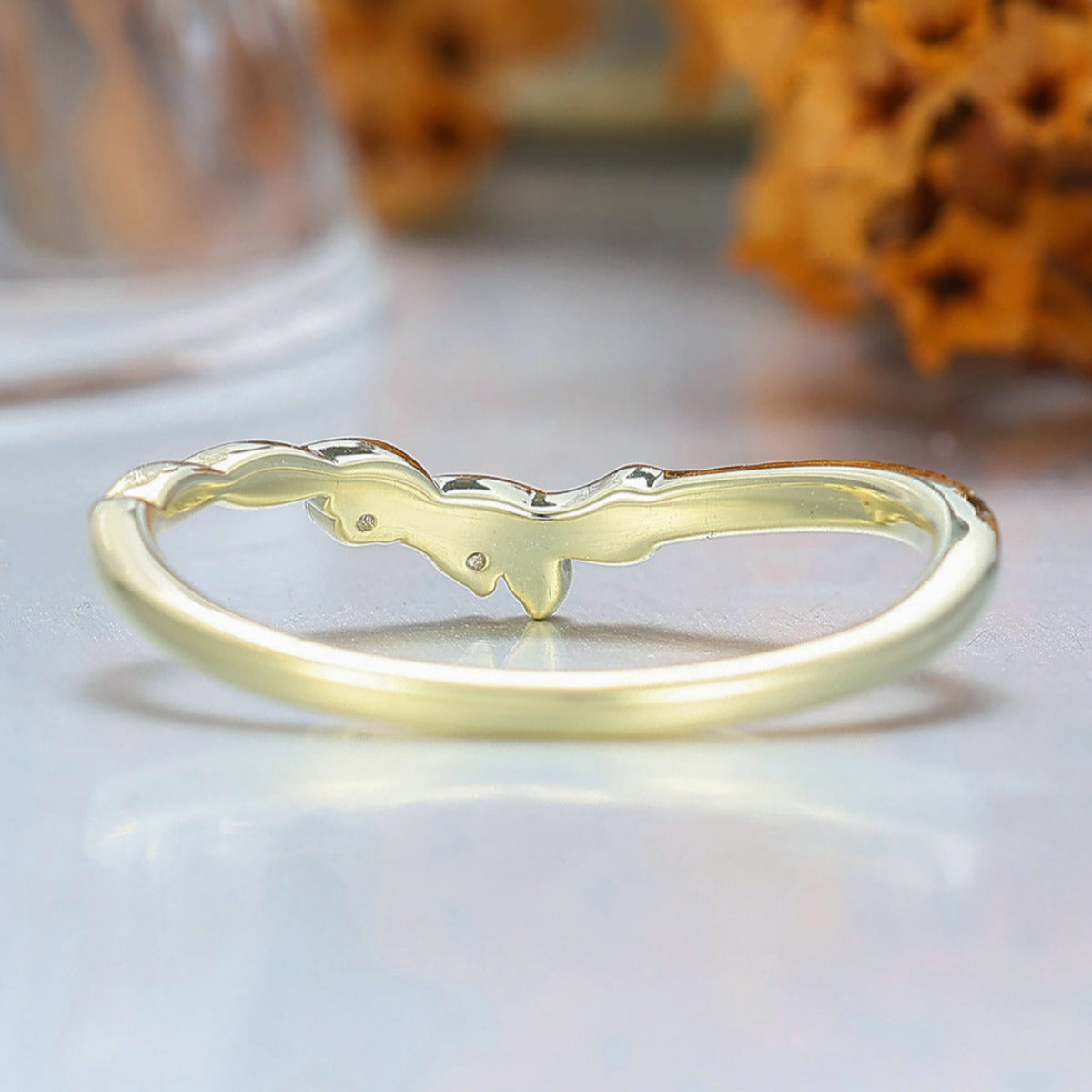 Nature Inspired Moissanite Wedding Band Leaf Design Bridal Anniversary Band Yellow Gold Handmade Curved Band