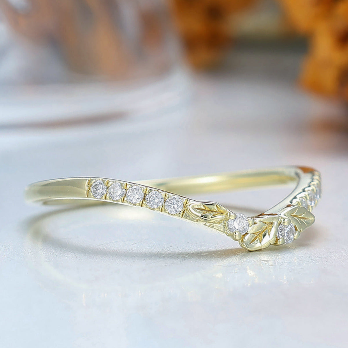 Moissanite Leaf-engraved Shank Wedding Band Yellow Gold Anniversary Moissanite Ring For Her