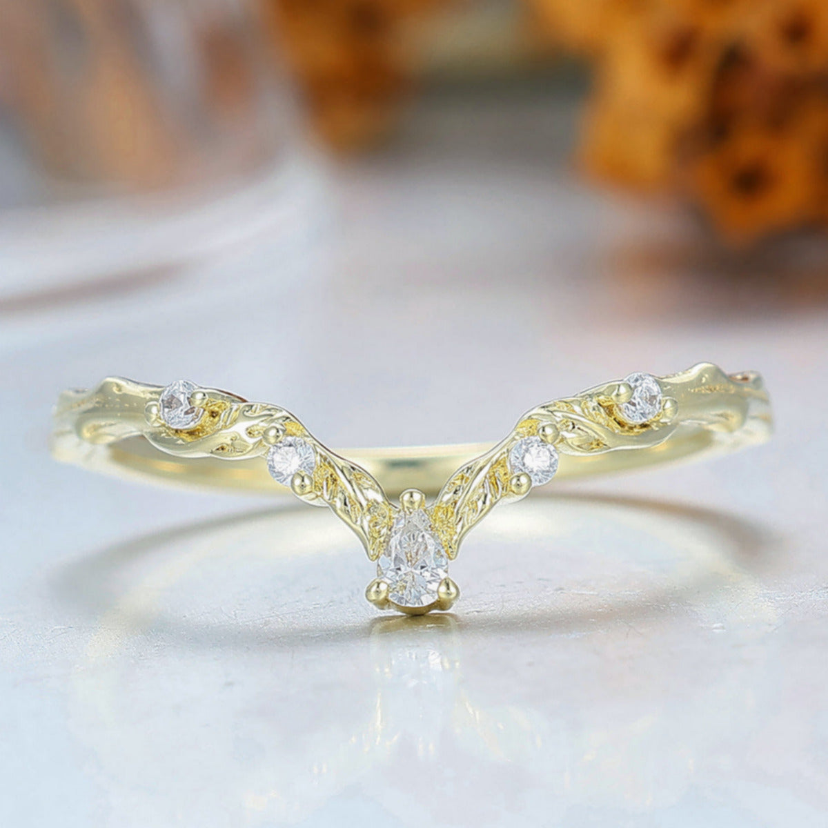 Nature Inspired Moissanite Inlay Curved Wedding Band Brilliant Yellow Gold Women Promise Ring