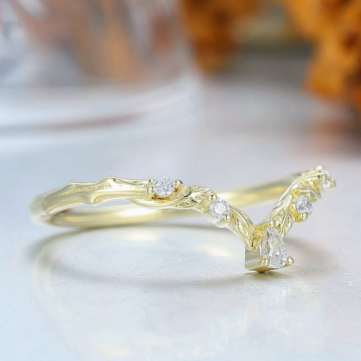 Nature Inspired Moissanite Inlay Curved Wedding Band Brilliant Yellow Gold Women Promise Ring