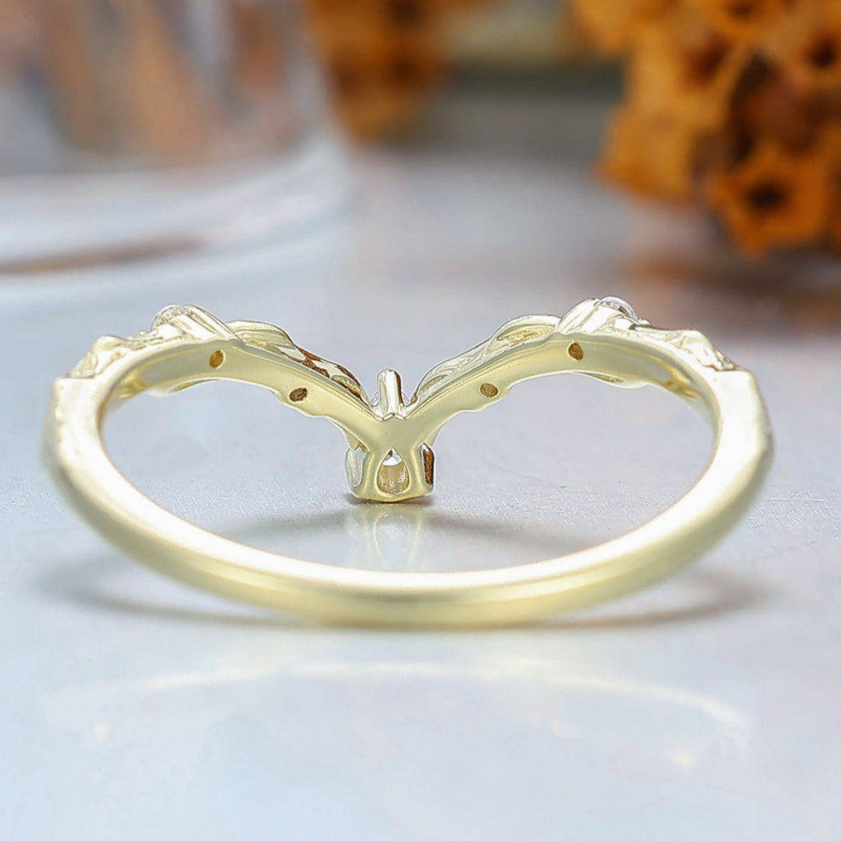 Nature Inspired Moissanite Inlay Curved Wedding Band Brilliant Yellow Gold Women Promise Ring