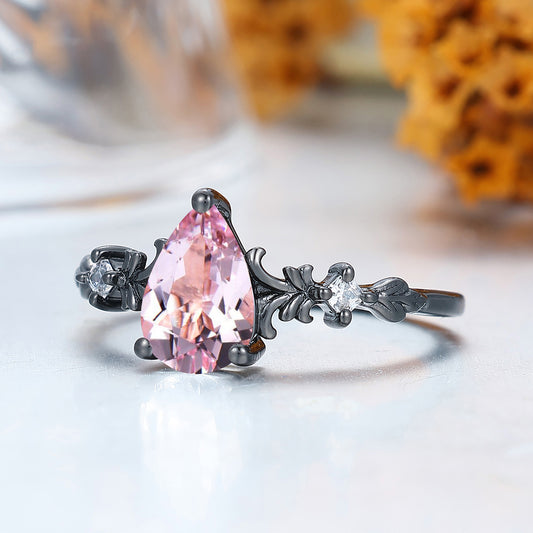 Scrollwork Pear Cut Pink Morganite Engagement Ring Handmade Prong Gold Women Ring