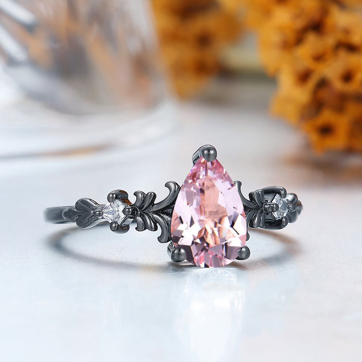 Scrollwork Pear Cut Pink Morganite Engagement Ring Handmade Prong Gold Women Ring