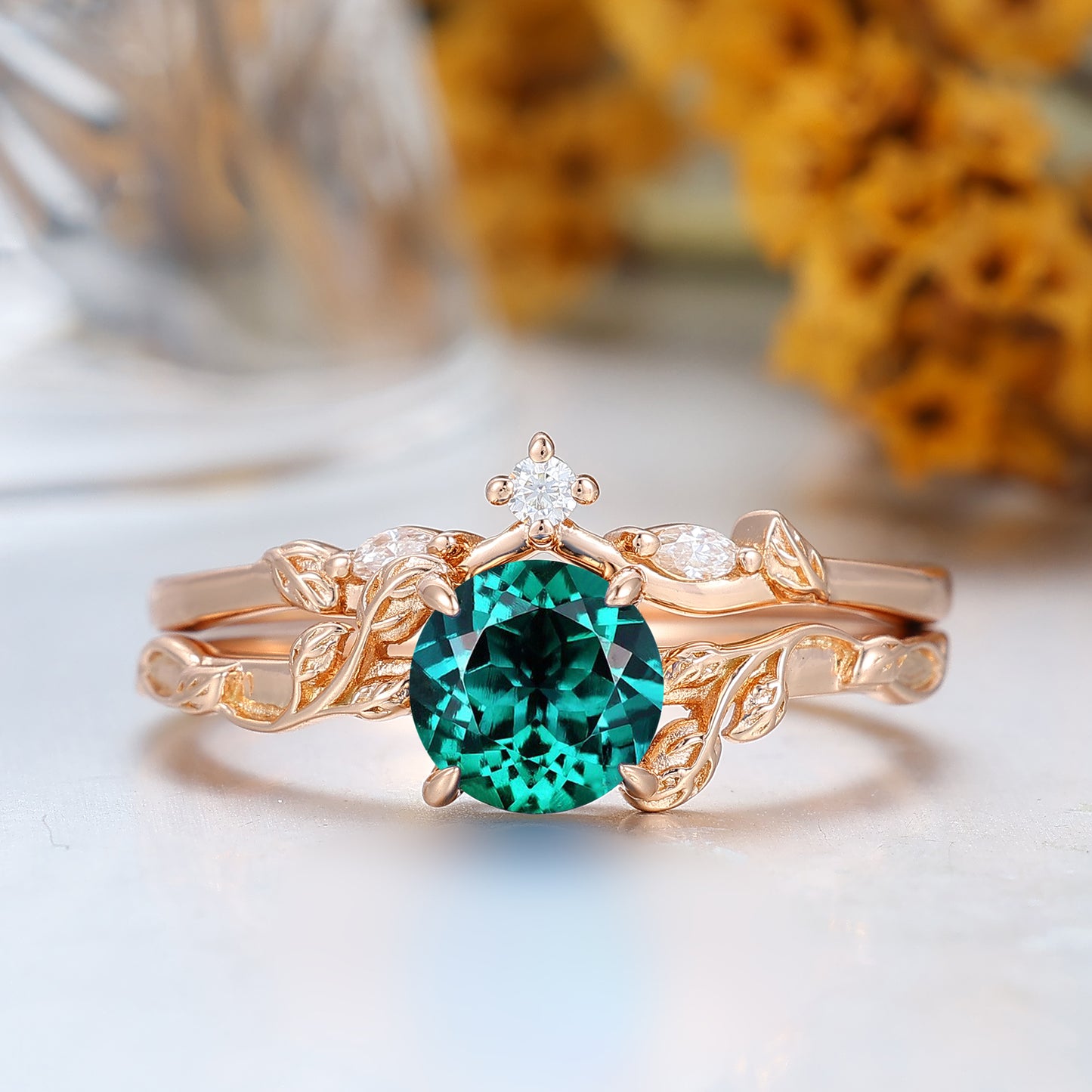 Exquisite Green Emerald Couples Ring Set Nature Inspired Rose Gold Ring Set For Men For Women