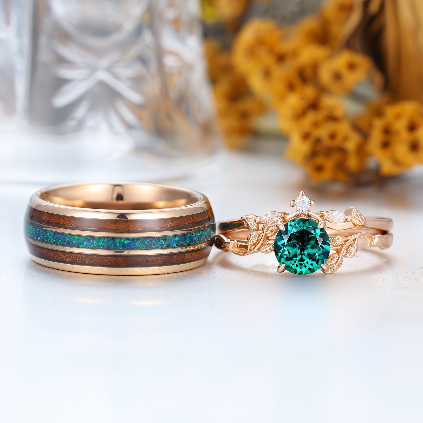 Exquisite Green Emerald Couples Ring Set Nature Inspired Rose Gold Ring Set For Men For Women