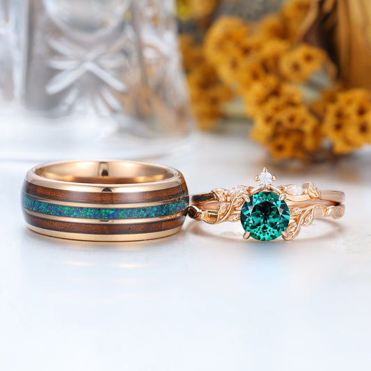 Exquisite Green Emerald Couples Ring Set Nature Inspired Rose Gold Ring Set For Men For Women