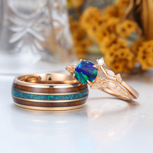 Nature Inspired Twig Leaf Peacock Green Opal Couples Ring Set Peacock Green His And Hers Rings