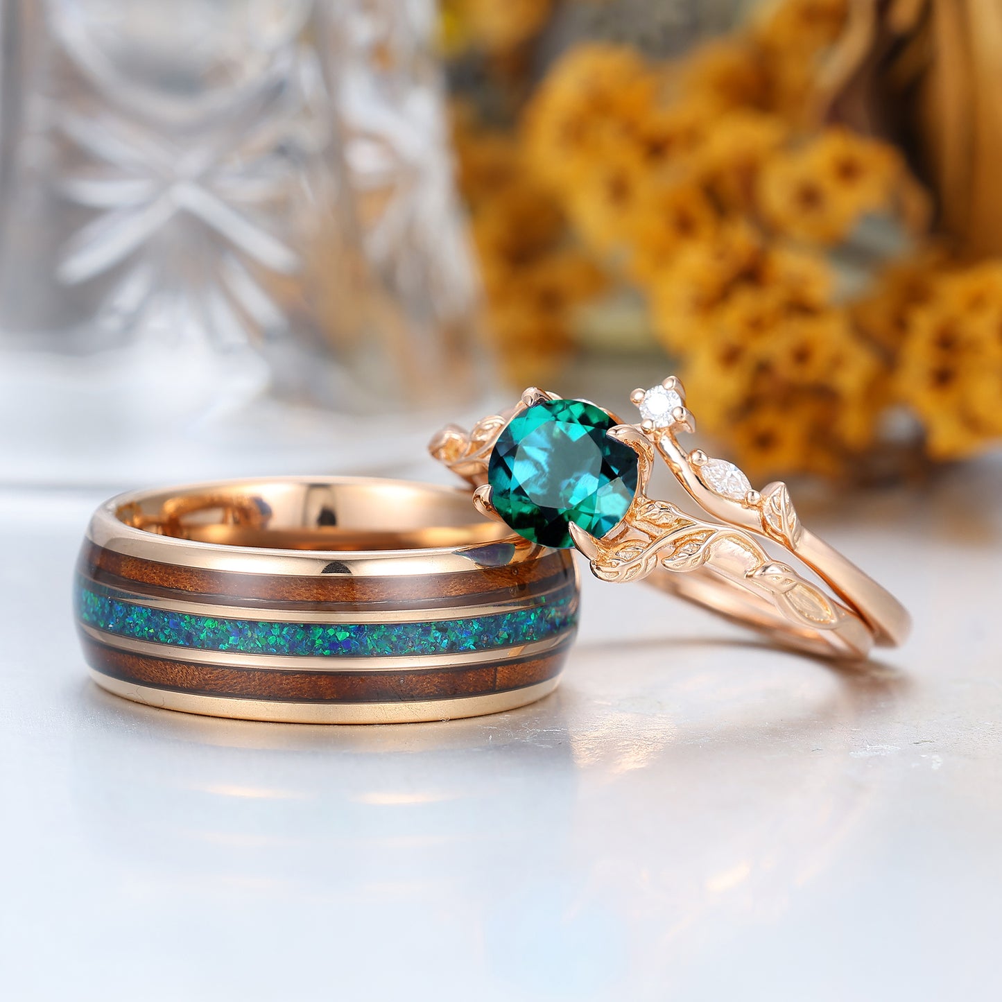 Exquisite Green Emerald Couples Ring Set Nature Inspired Rose Gold Ring Set For Men For Women
