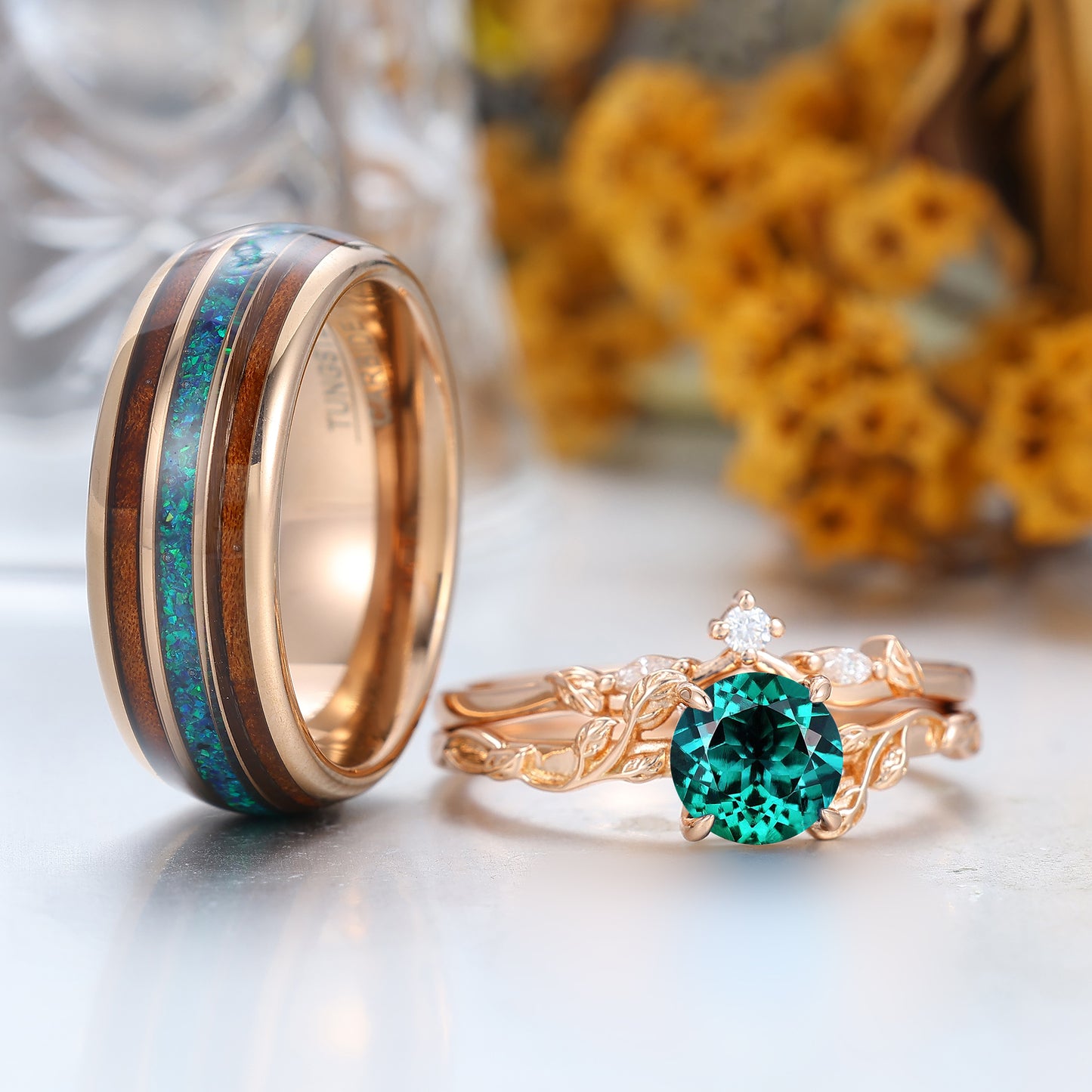 Exquisite Green Emerald Couples Ring Set Nature Inspired Rose Gold Ring Set For Men For Women