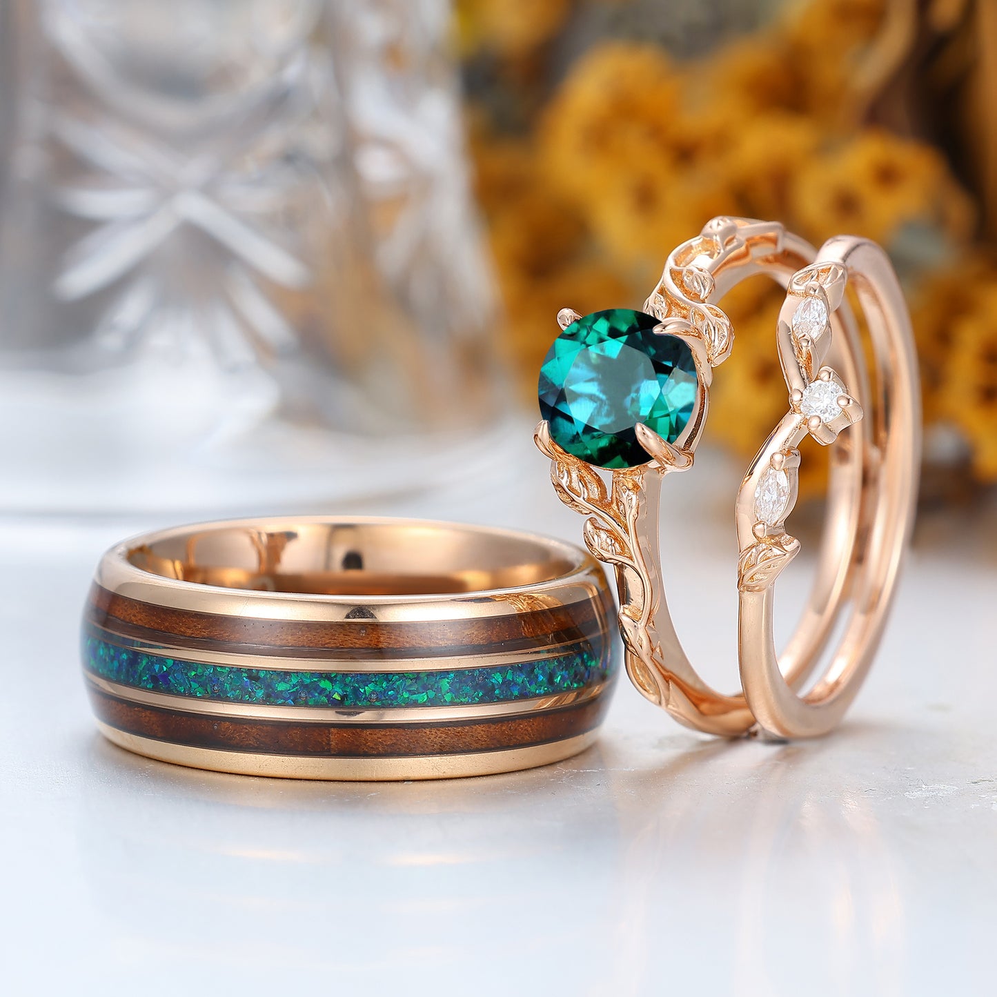 Exquisite Green Emerald Couples Ring Set Nature Inspired Rose Gold Ring Set For Men For Women