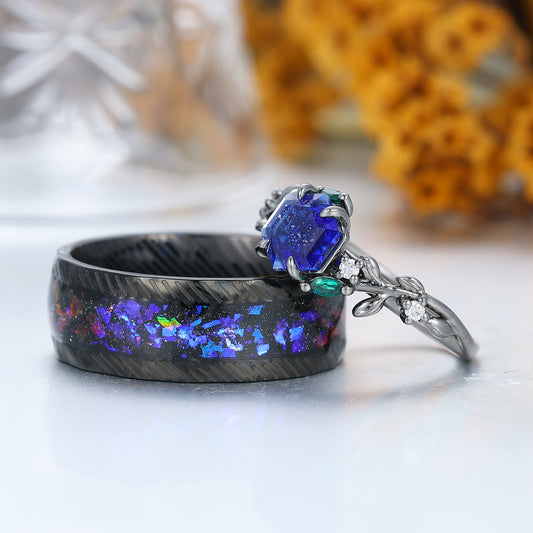 Aglisten Galaxy Sandstone Matching Engagement and Wedding Rings Blue Anniversary Couple Rings