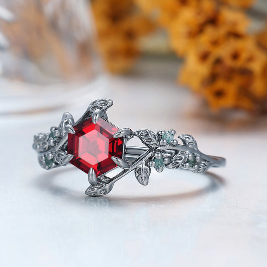 Leaf Design 14k Black Gold Inspiration Hexagon Cut Natural Moss Agate Engagement Leaf Shape Ring For Anniversary Gift