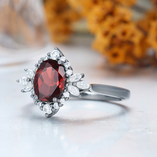 Unique 1.5ct Oval Cut Nature Red Garnet 14k Gold Ring All Around Moissanite Ladies Ring Women Dainty Rings