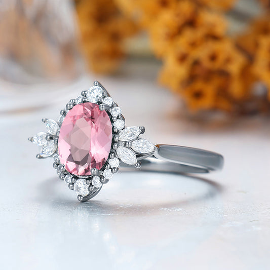 Halo Floral Design Pink Morganite Engagement Ring Cluster Moissanite Bridal Ring For Women