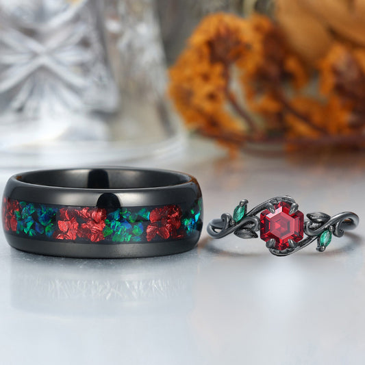 Art Deco Branch Red Garnet His and Hers Matchiing Ring Tungsten Couples Ring Anniversary Wedding Band