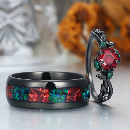 Red Garnet Sprigs Engagement Couple Rings Promise Ruby Tungsten Matching Wedding Rings