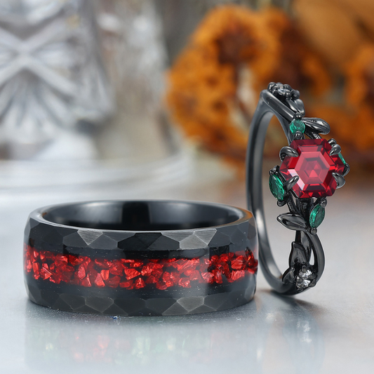 Red Garnet Sprigs Engagement Couple Rings Promise Tungsten Matching Wedding Rings