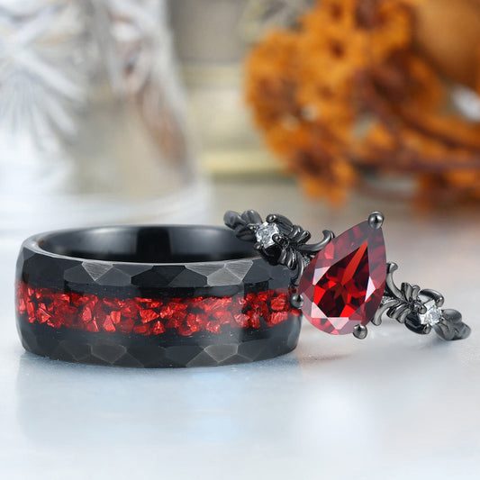 Exquisite Filigreed Natural Red Garnet Couple Rings Modern Red Anniversary His And Hers Matching Band