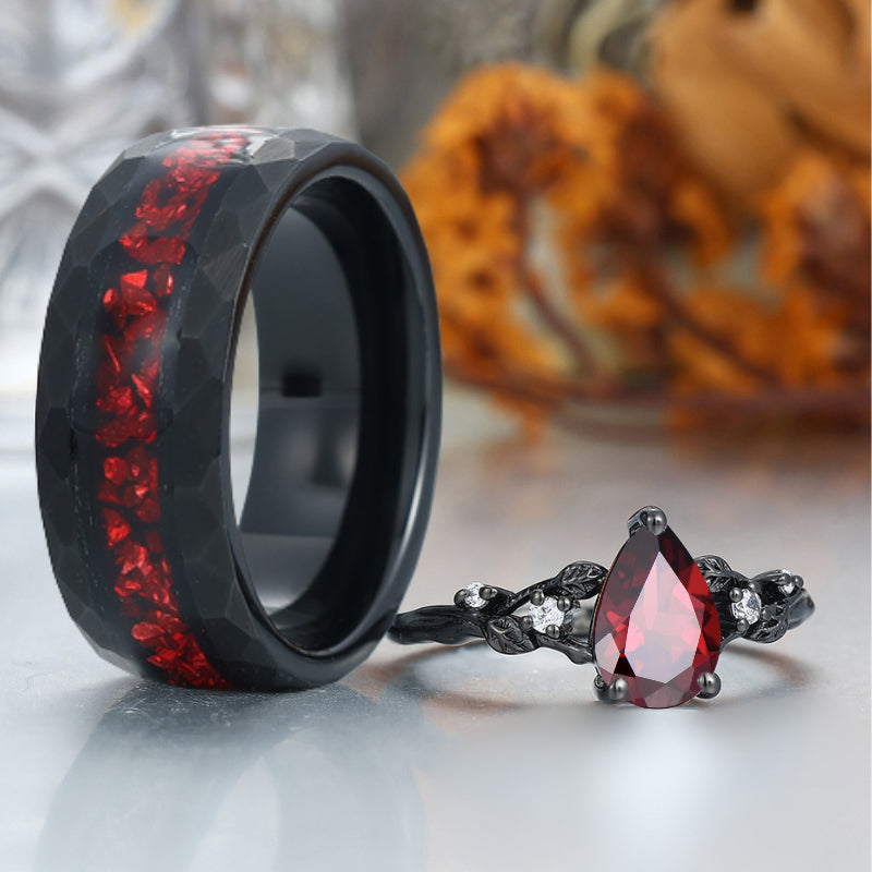 Leaves Design Natural Red Garnet Couple Rings Red Tungsten His And Hers Wedding Ring Set