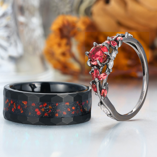 Artsy Natural Red Garnet Cluster Engagement Rings For Couples Personalized Tungsten Matching Rings For Couples