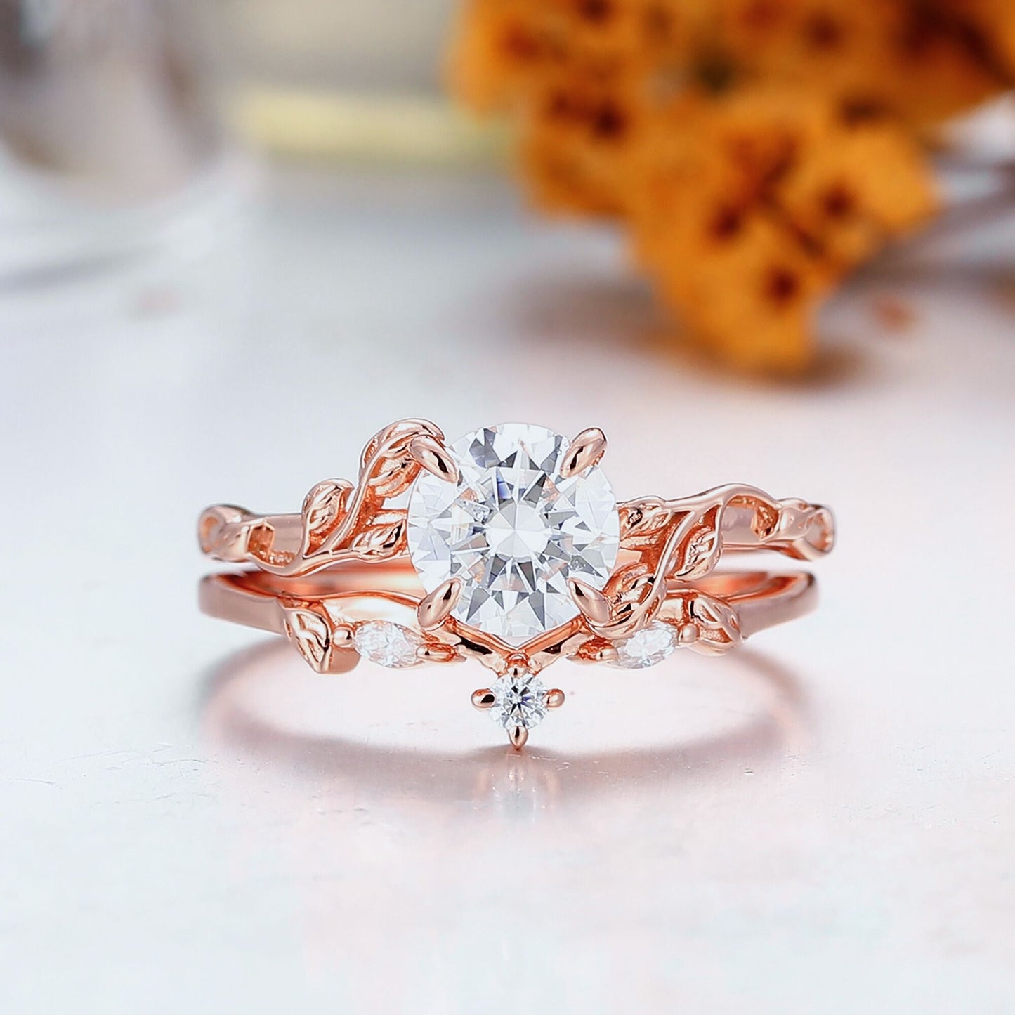Exquisite Moissanite Branch Leaf Design Couples Ring Set His And Hers Moissanite Rings