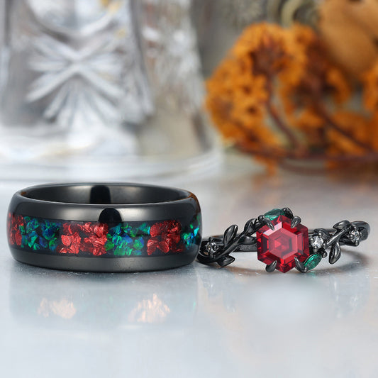 Hexagon Cut Natural Red Garnet Rings For Couples His And Hers Weddding Band Matching Ring