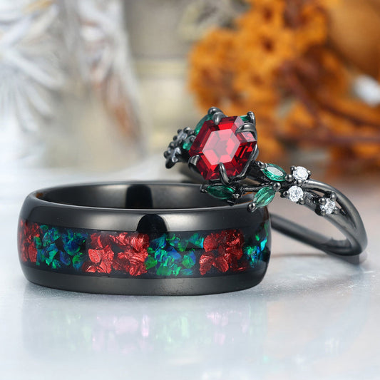 Stylish Red Garnet His and Hers Ring Leaf Design Couples Ring Two-tone Matching rings