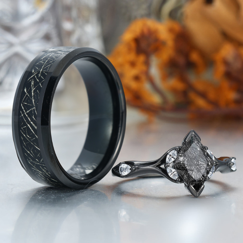 Rhombus Cut Black Rutilated Quartz Couple Rings 925 Sterling Silver And Tungsten Matching Couples' Set