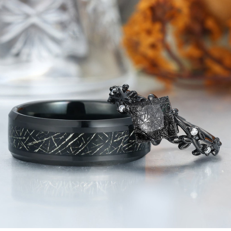 Unique Black Rutilated Quartz Sprig Engagement Couple Rings Promise His And Hers Wedding Band