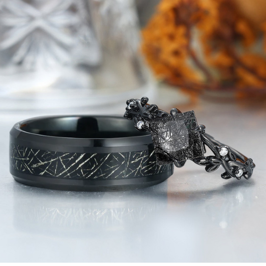 Unique Black Rutilated Quartz Sprig Engagement Couple Rings Promise His And Hers Wedding Band
