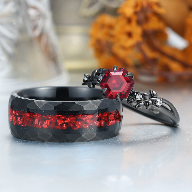 Sprig Natural Red Garnet Couples Ring Set Promise Red His And Hers Matching Ring For Men And Women Ring Set
