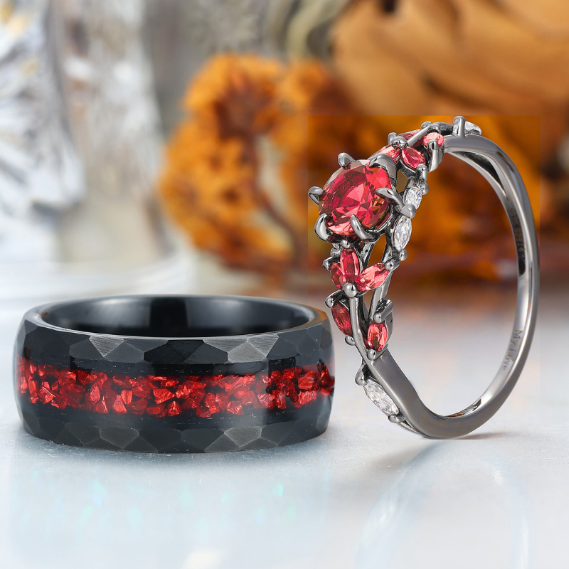 Artsy Natural Red Garnet Cluster Engagement Rings For Couples Personalized Tungsten Rings For Couples