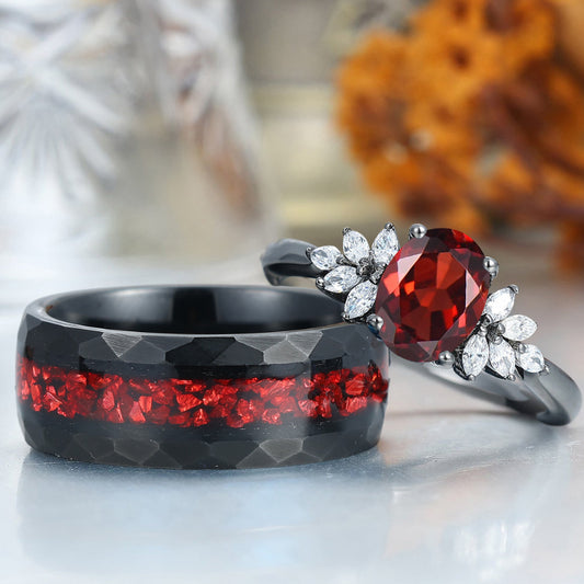 Dainty Red Garnet Petal Accents Couple Rings Matching Tungsten His And Hers Wedding Band