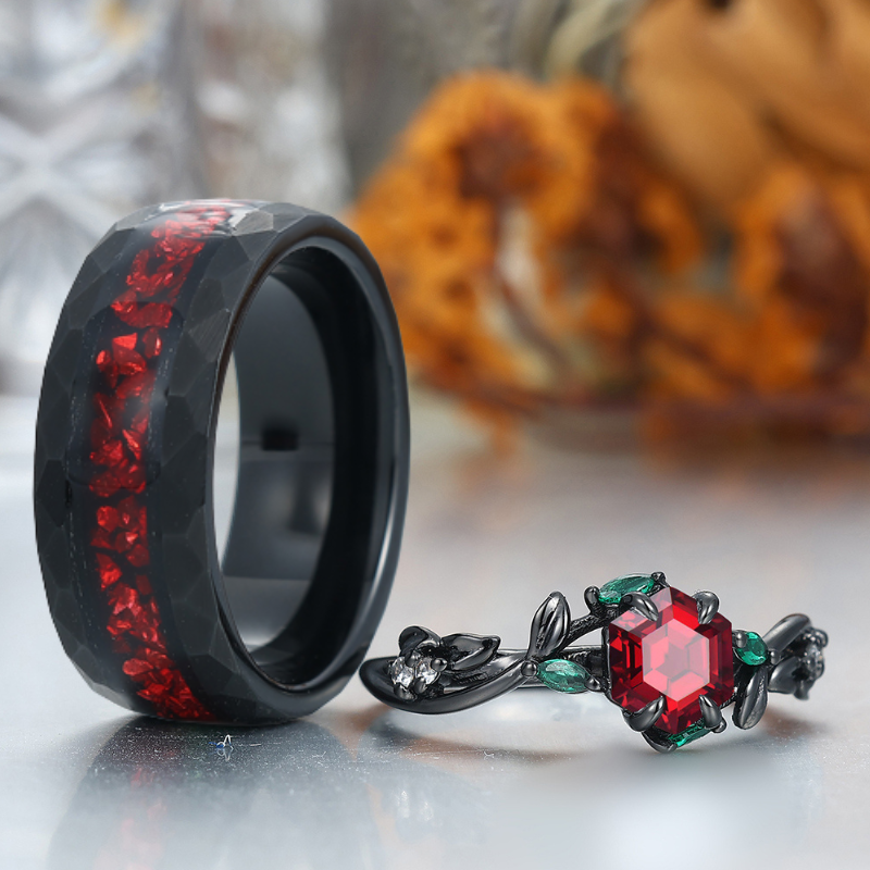 Red Garnet Sprigs Engagement Couple Rings Promise Tungsten Matching Wedding Rings