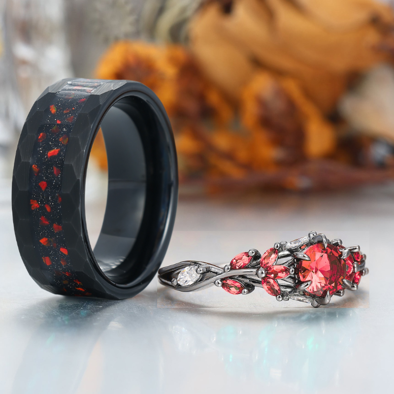 Artsy Natural Red Garnet Cluster Engagement Rings For Couples Personalized Tungsten Matching Rings For Couples