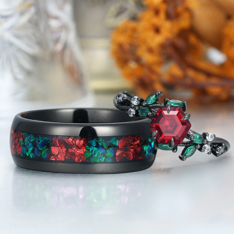 Stylish Red Garnet His and Hers Ring Leaf Design Couples Ring Two-tone Matching rings