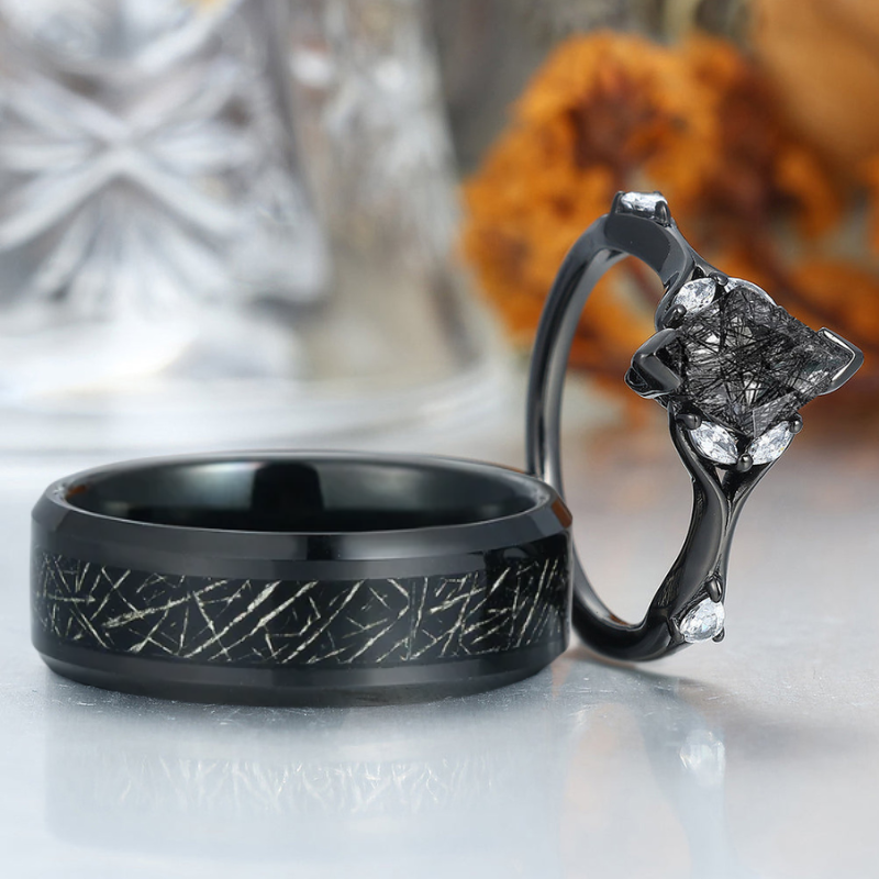 Rhombus Cut Black Rutilated Quartz Couple Rings 925 Sterling Silver And Tungsten Matching Couples' Set