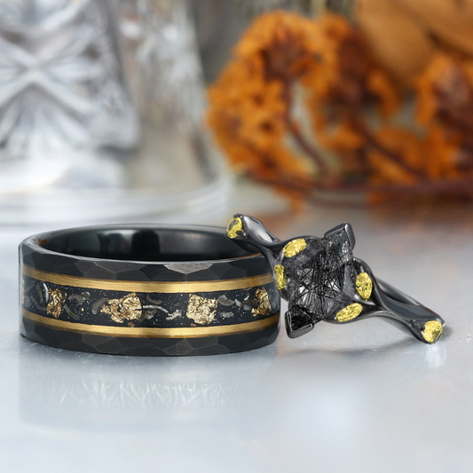 Alternative Black Rutilated Quartz Couple Rings Black And Gold Promise Rings For Couples