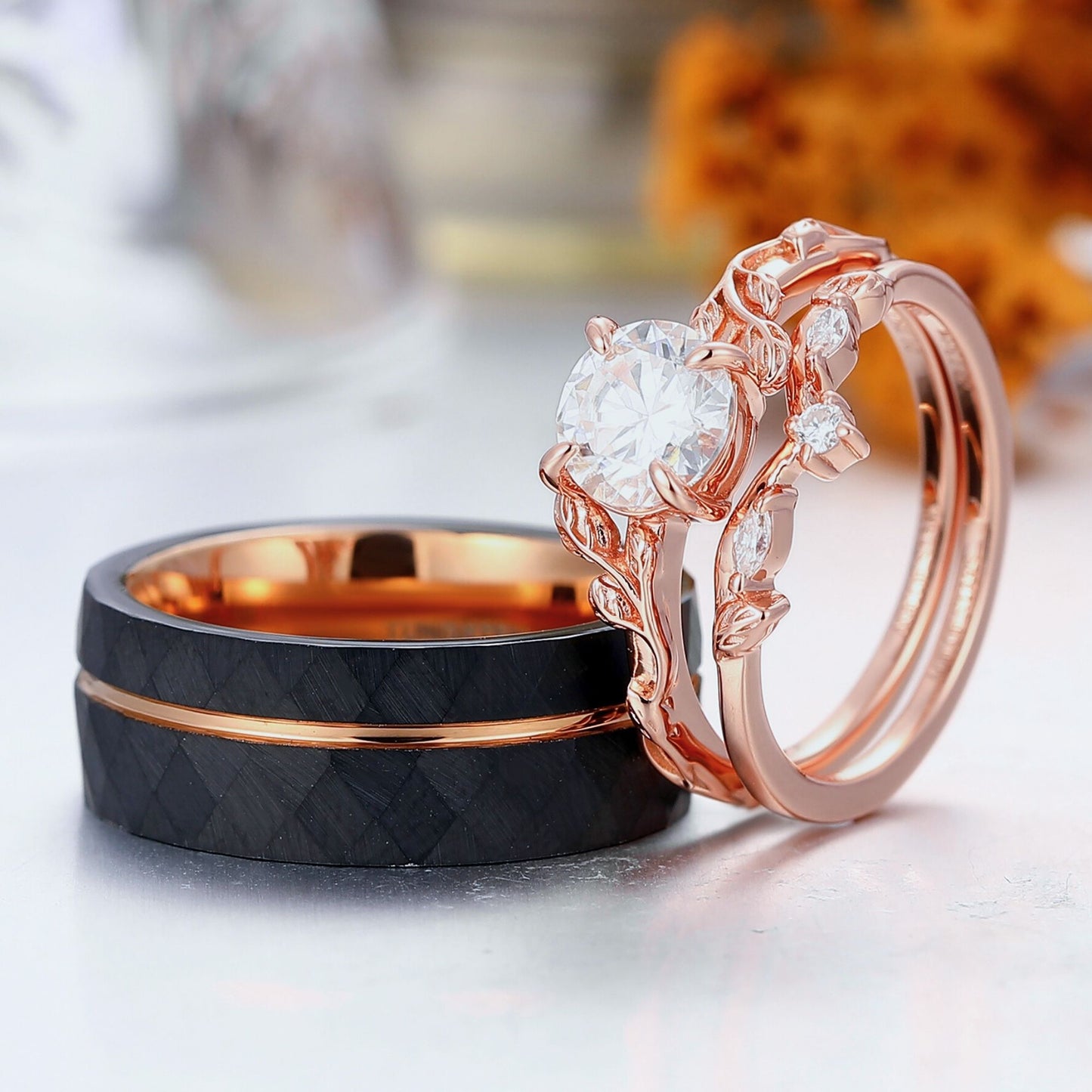 Exquisite Moissanite Branch Leaf Design Couples Ring Set His And Hers Moissanite Rings