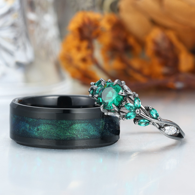 Emerald Engagement Couples Ring Set And Galaxy Quicksand Inlay Tungsten Matching Ring His and Hers Ring Set