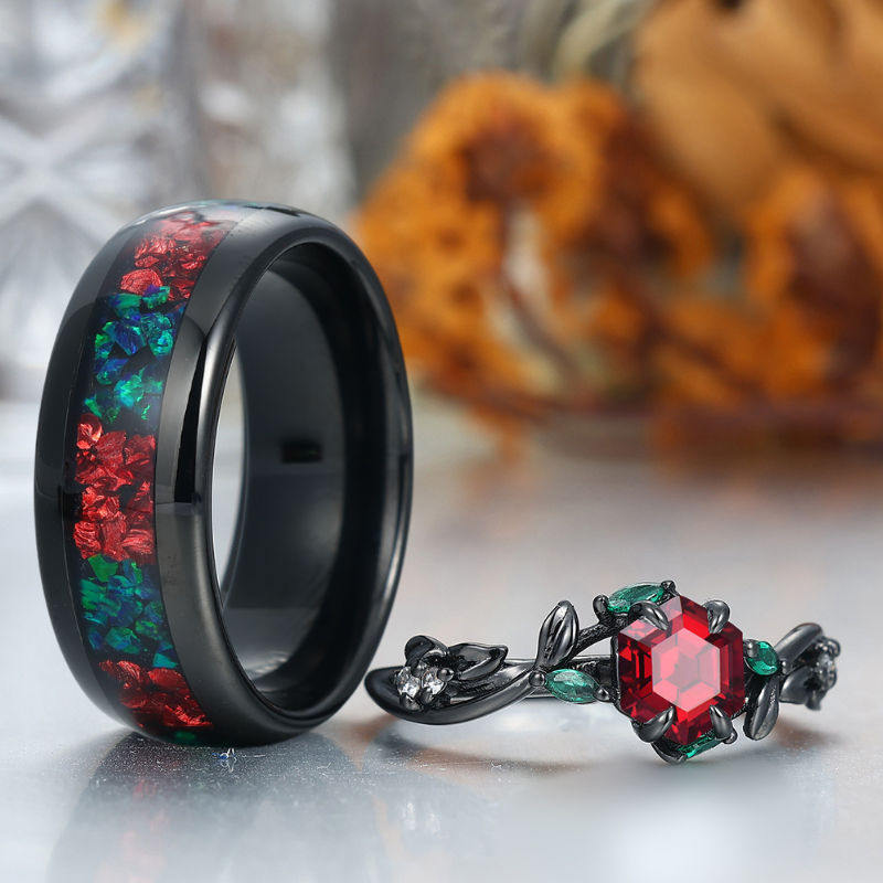 Red Garnet Sprigs Engagement Couple Rings Promise Ruby Tungsten Matching Wedding Rings